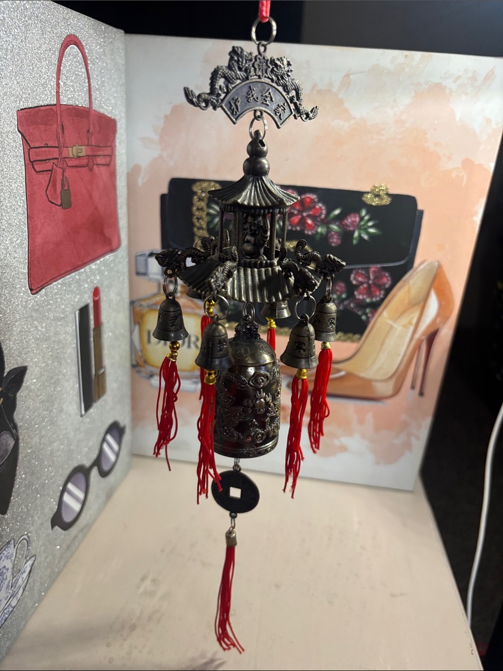 Oriental Brass Wind Chime with Red Tassels - Decorative Home Accent